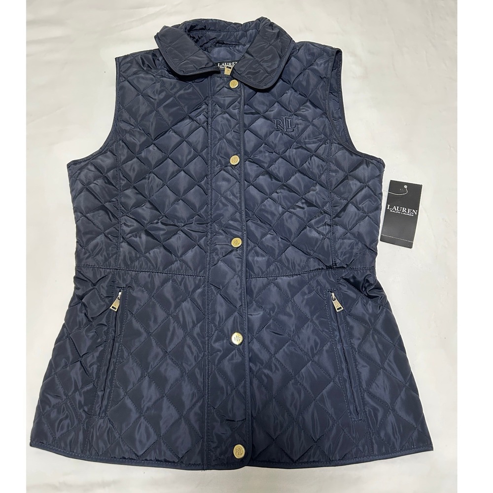 Lauren Ralph Lauren Women Dark Navy Quilted Vest Equestrian Gold Hardware XS NWT
